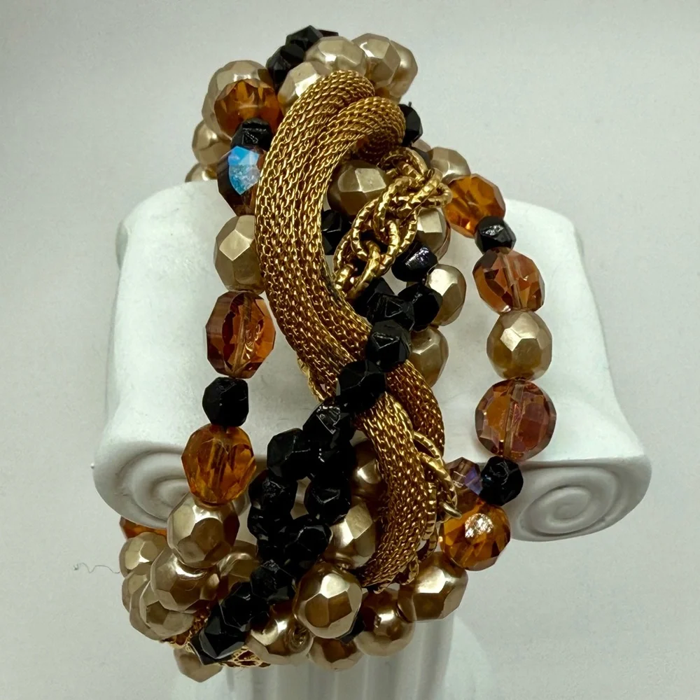 Bohemian Mixed Media Multi-Strand Wire Bracelet Adjustable Glass, AB, Gold Tone